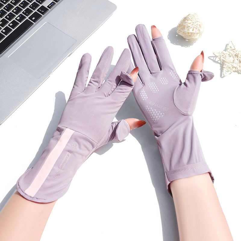 Picture of Summer sun protection gloves women's Thin Ice Silk UV-proof open finger touch screen driving riding non-slip mid-length breathable