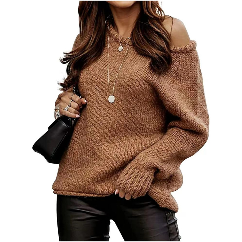 Picture of Cross-Border Amazon Autumn and Winter Off-Shoulder Sexy Round Neck Pullover Sweater Solid Color Casual Loose Large Size Sweater for Women