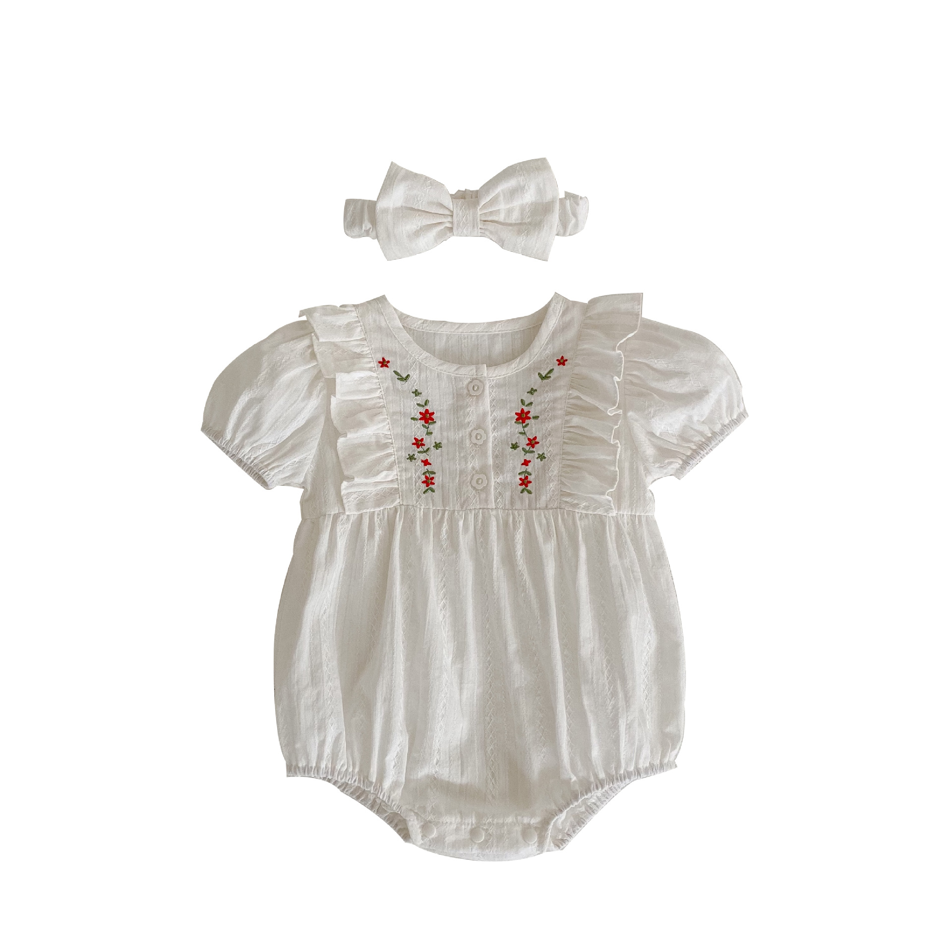 Picture of 2025 Summer Baby Clothes, Cotton, Stylish Embroidered Harem Clothes, Baby Girl's Round Neck Short-Sleeved Fart Clothes, One-Year-Old Rompers