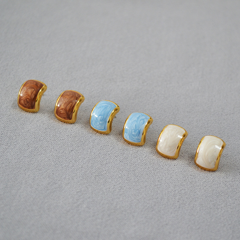 Vintage Artistic Niche Simple Geometric Shape Brass Gold Plated Handmade Enamel 925 Silver Needle Elegant Earrings