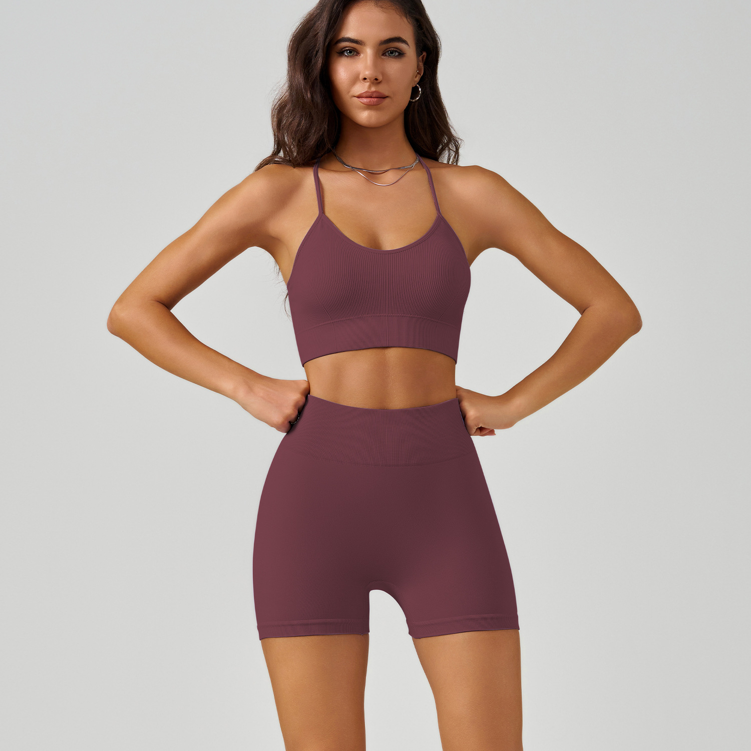 Picture of Cross-Back Yoga Vest suit Thin Shoulder Strap Sports Bra High Waist Belly Peach Hip Yoga Shorts
