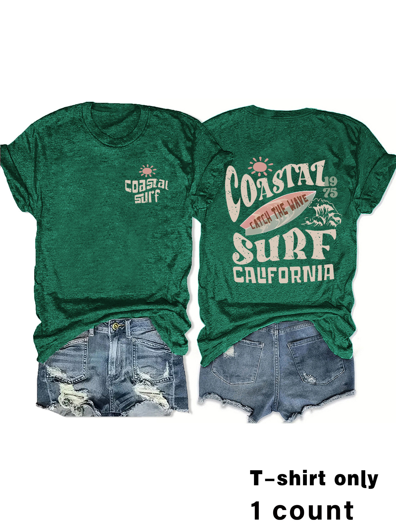 Picture of European and American Round Neck Vintage Coastal Surf Californiamatc Top Women's T-Shirt Loose Short Sleeves