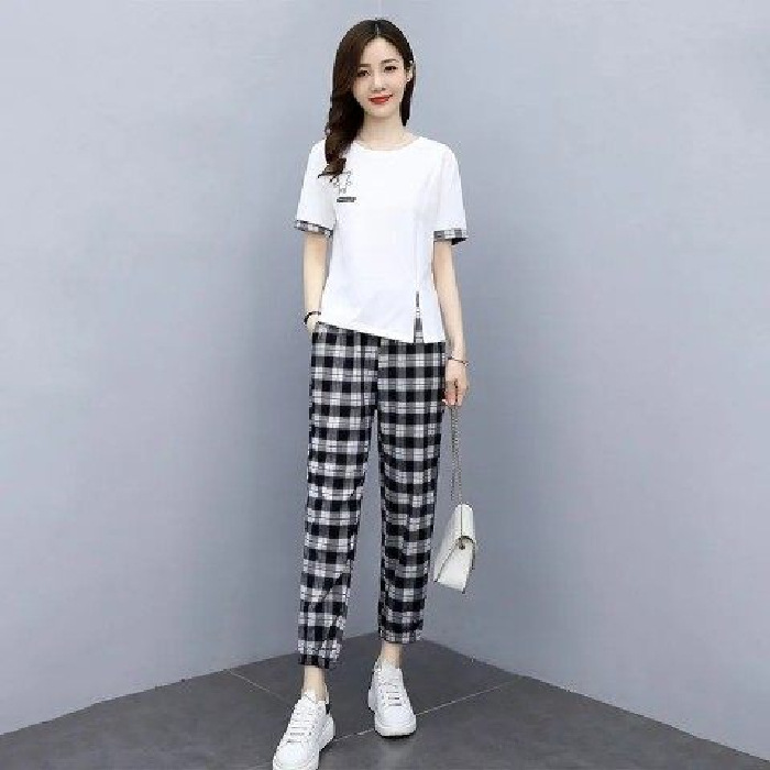 Picture of Fashion Casual Suit Women's 2023 Summer New Simple Elegant Slim Split Top Plaid Pants Two-piece Set