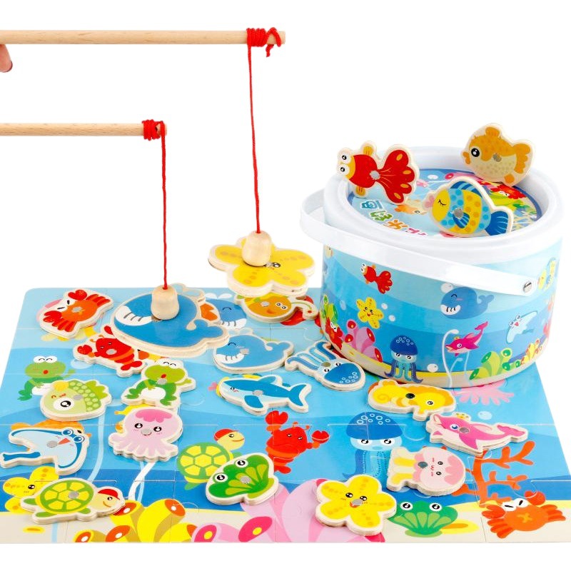 Wooden balls children's wooden barrel magnetic simulation Diaoyutai play home puzzle early education toys puzzle board wholesale