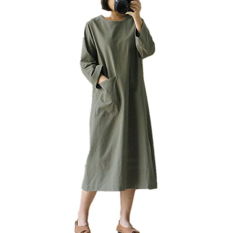 Picture of Cross-border Spring and Autumn Cotton and Linen dress Mid-length Artistic Retro Long-sleeved Japanese Mori Women's plus size Dress Trend