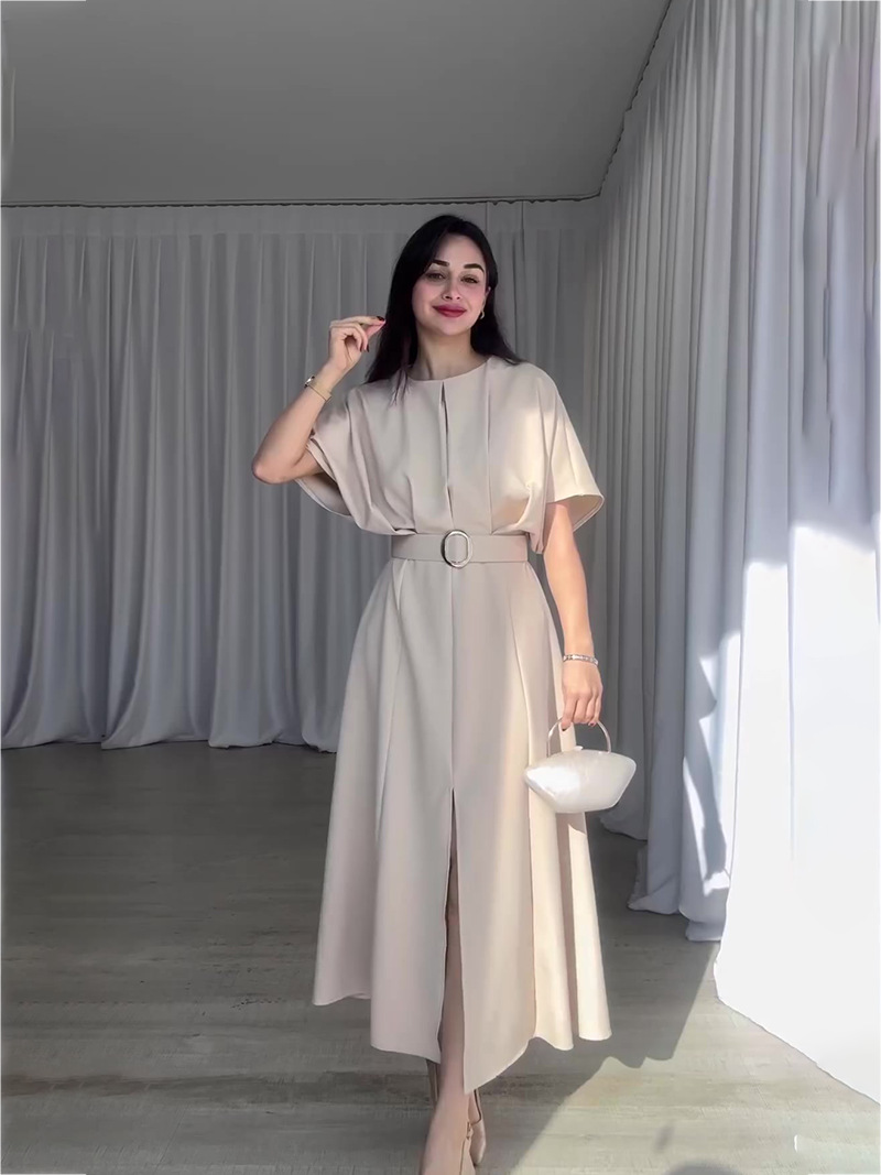 Amazon cross-border European and American 2024 foreign trade new solid color fashion round neck short sleeve dress belt slim dress