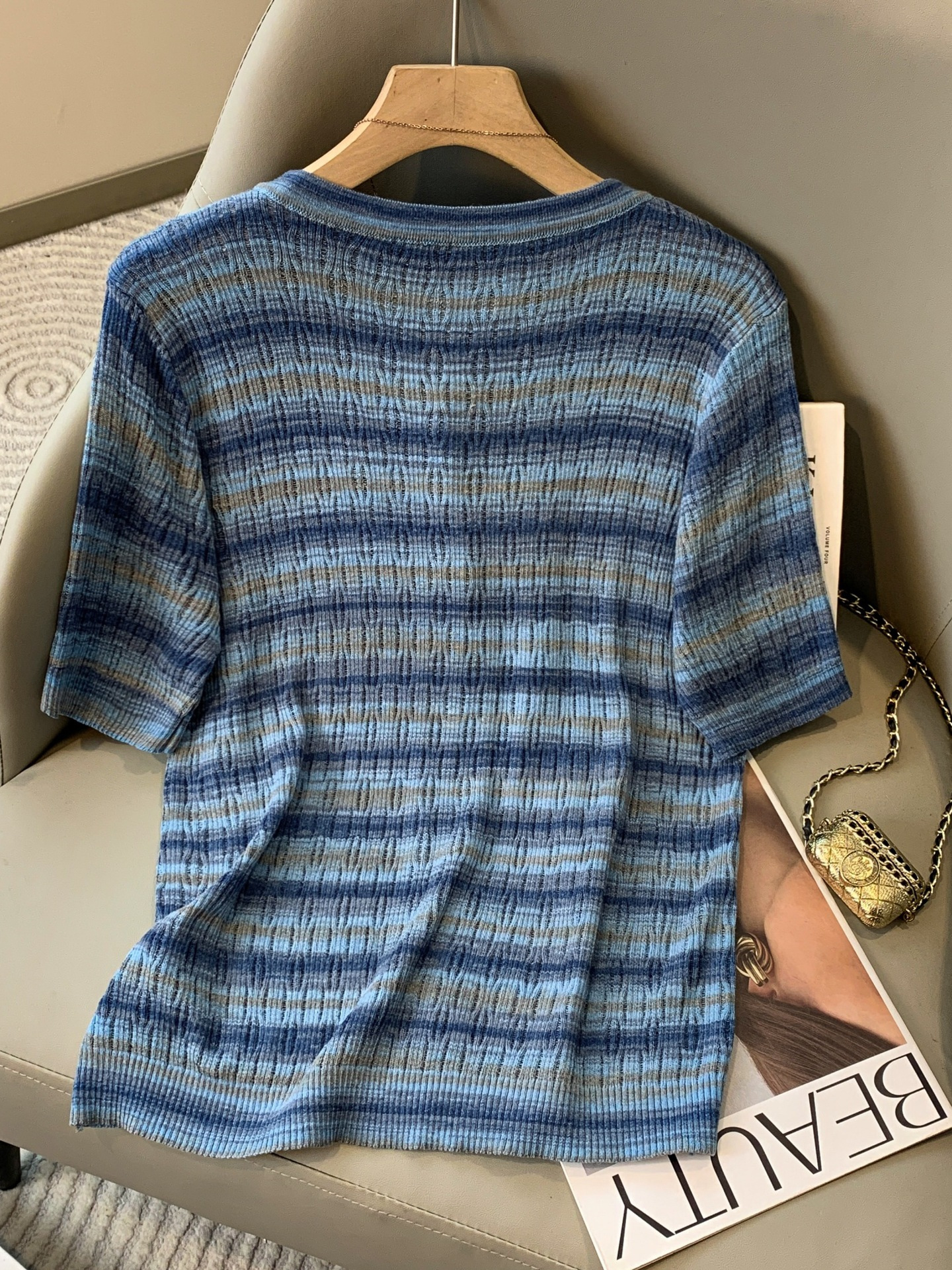 Picture of Spring and Autumn Contrast Color Striped Color Knitted Cardigan Top Women's New Casual Loose Hollow Bottoming Top Sun Protection Shirt