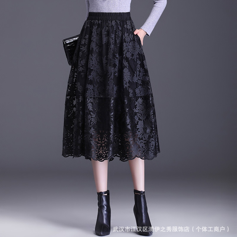Lace High Waist Skirt 2025 New Fashion A- line Skirt Mid-length Women's Black Mirror Flower Bub Skirt