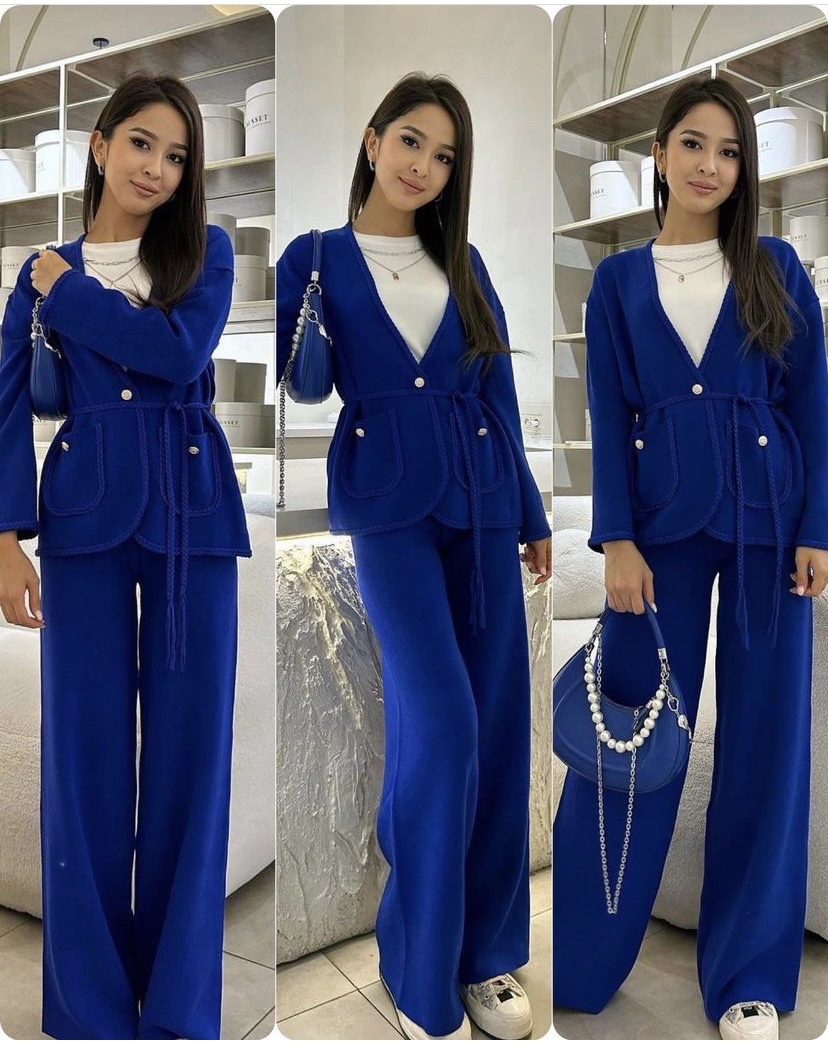 European and American 2023 cross-border niche design wool sweater solid color casual Chanel style coat woven belt H-Type 2 pieces