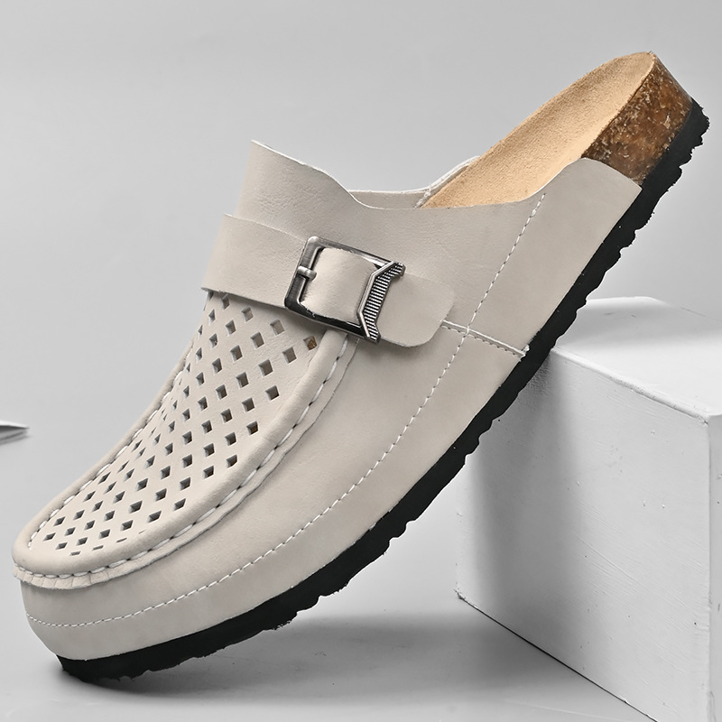 Baotou Slippers for Men 2024 Summer Hot Style Outer Wear Pure Handmade Genuine Leather Sandals for Men Hollow Breathable Large Size Home Shoes