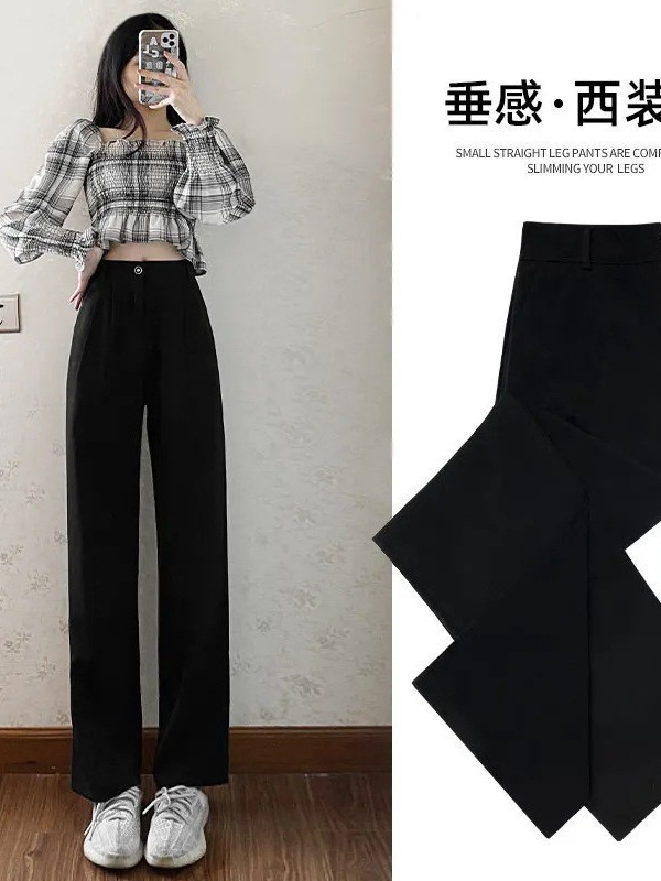 Picture of Fashionable Wide-Leg Pants for Women, Summer Thin Drape Straight-Leg Dress Pants, Petite Autumn Long Pants, Black Suit Pants