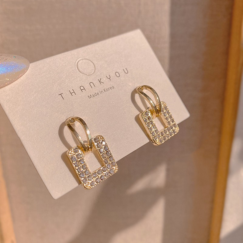 S925 Silver Geometry Full Diamond Square Earrings 2024 New Fashion Unique Niche Design Sense Earrings Women's High Sense