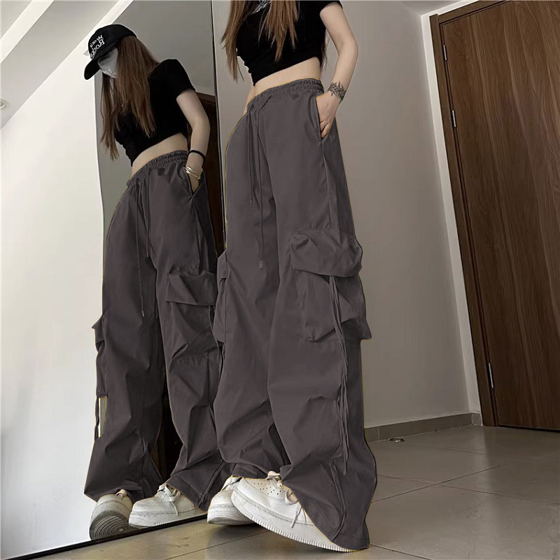 Picture of American Retro Niche Cargo Pants for Women with Stereo Flap Pocket Pantss, High-Waisted Straight Wide-Leg Ribbons, Loose Casual Floor-Length Pants