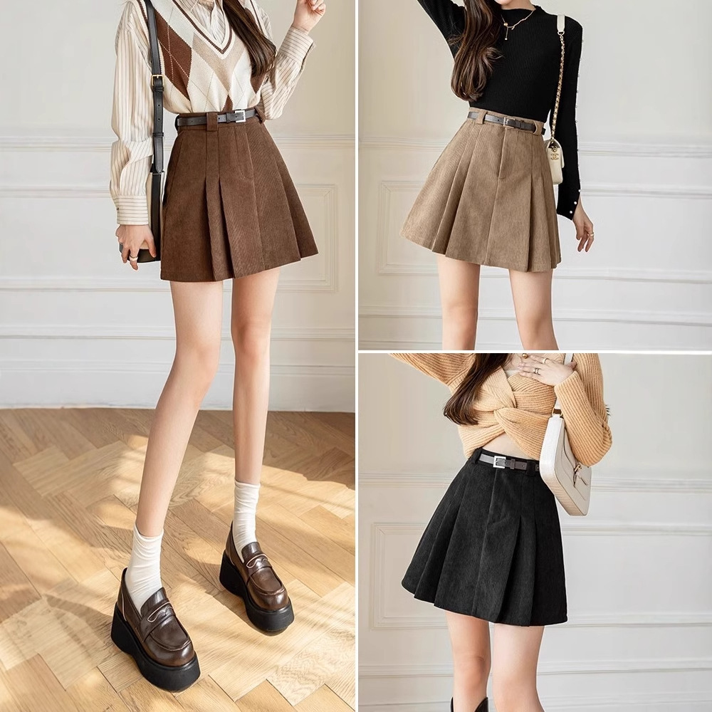 Corduroy Skirt Women's Autumn and Winter 2024 New High-Waisted A-Line Slimming Look Anti-Exposure Retro Hip-Covering Pleated Skirt