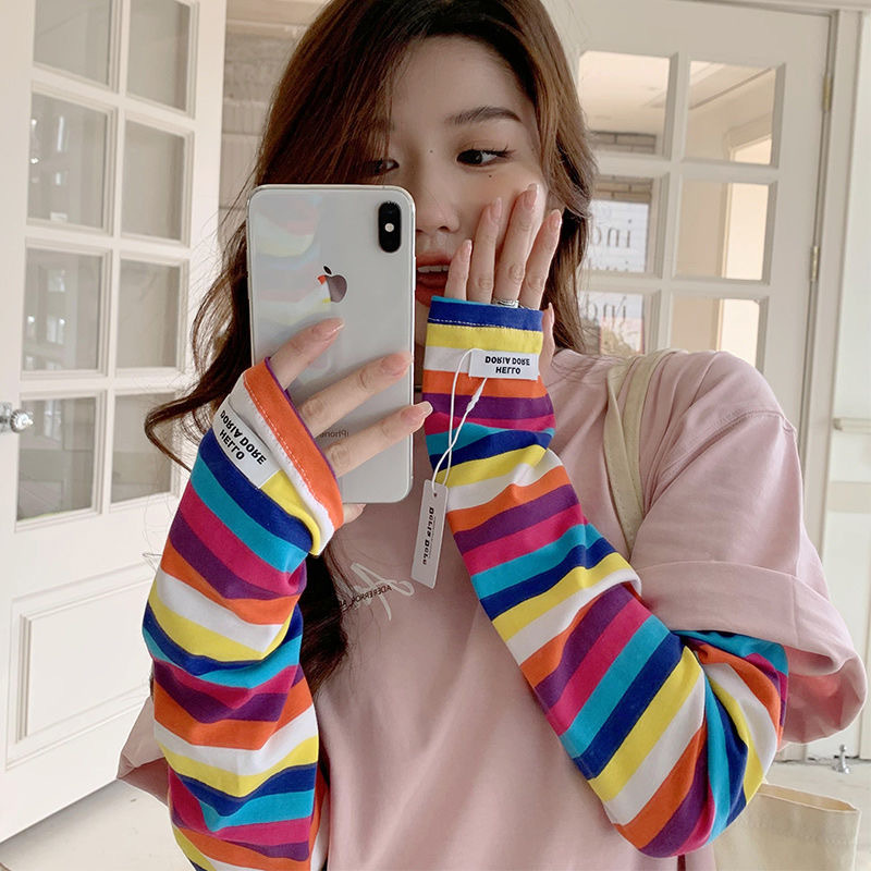 Long Internet Celebrity Colorfulful Stripesd Ice Sleeves Female Arm Guards Cute Student Sleeves Cycling Spring and Summer Work Sun Protection Sleeves