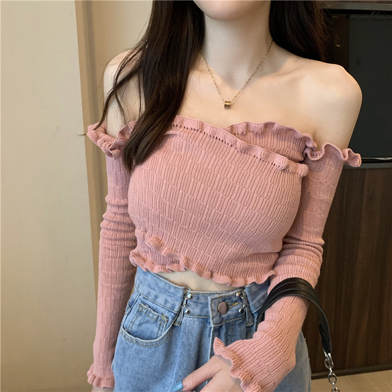 Picture of Early Autumn One-Shoulder Solid Color Stripesd Fungus Lace Discreet Off-Shoulder Knitted Top Mother's Knitted Style
