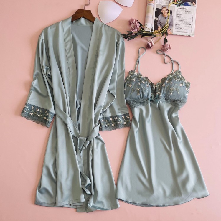 New Silk Pajamas Sexy V-neck Lace Nightgown Set Women's Embroidered Casual Home Clothes European and American Style Hair