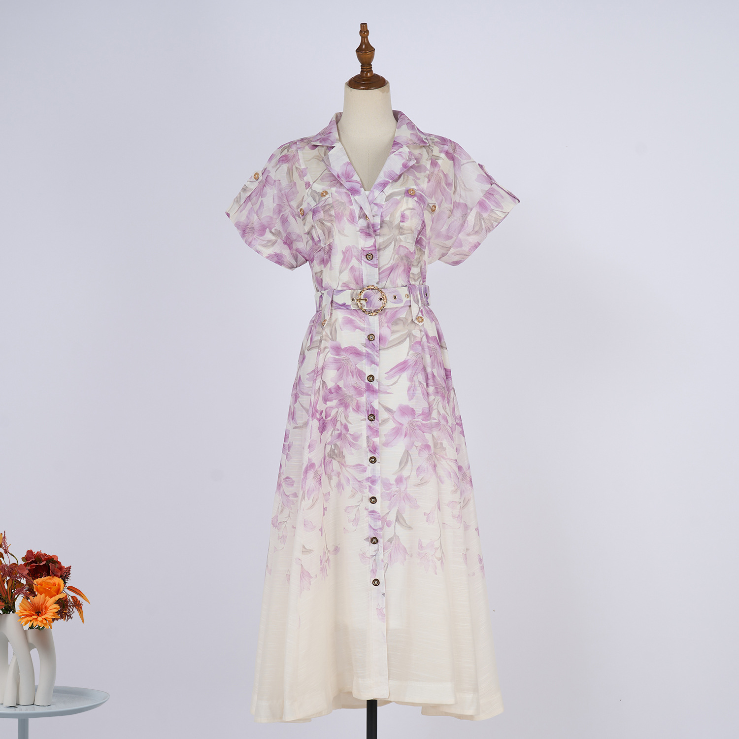 Cross-Border Foreign Trade 2025 Australian Light Luxury New Dress Lapel Printed Long Skirt with Belt Single-Breasted Fairy Skirt