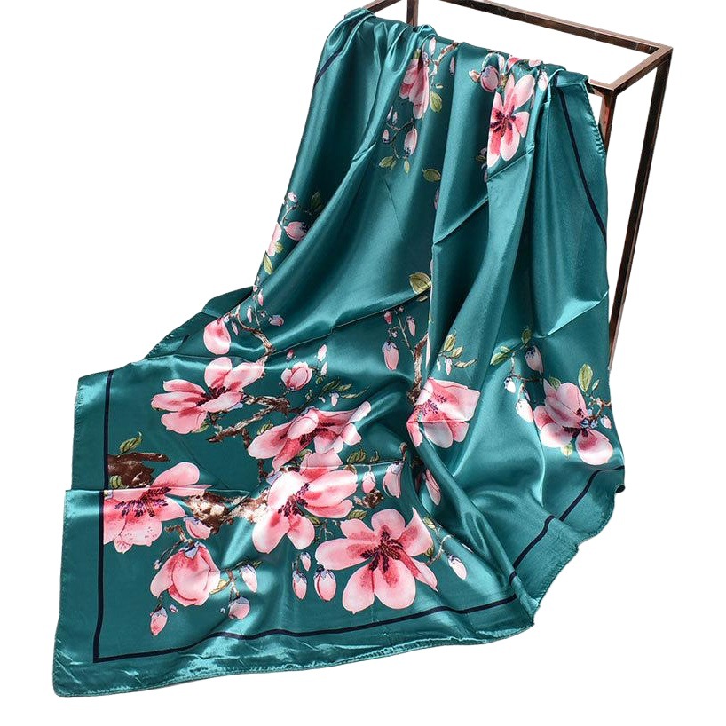 Spring New Shili Peach Blossom Satin 90*90 Square Silk Scarf Wholesale Women's Printed Scarf Headscarf