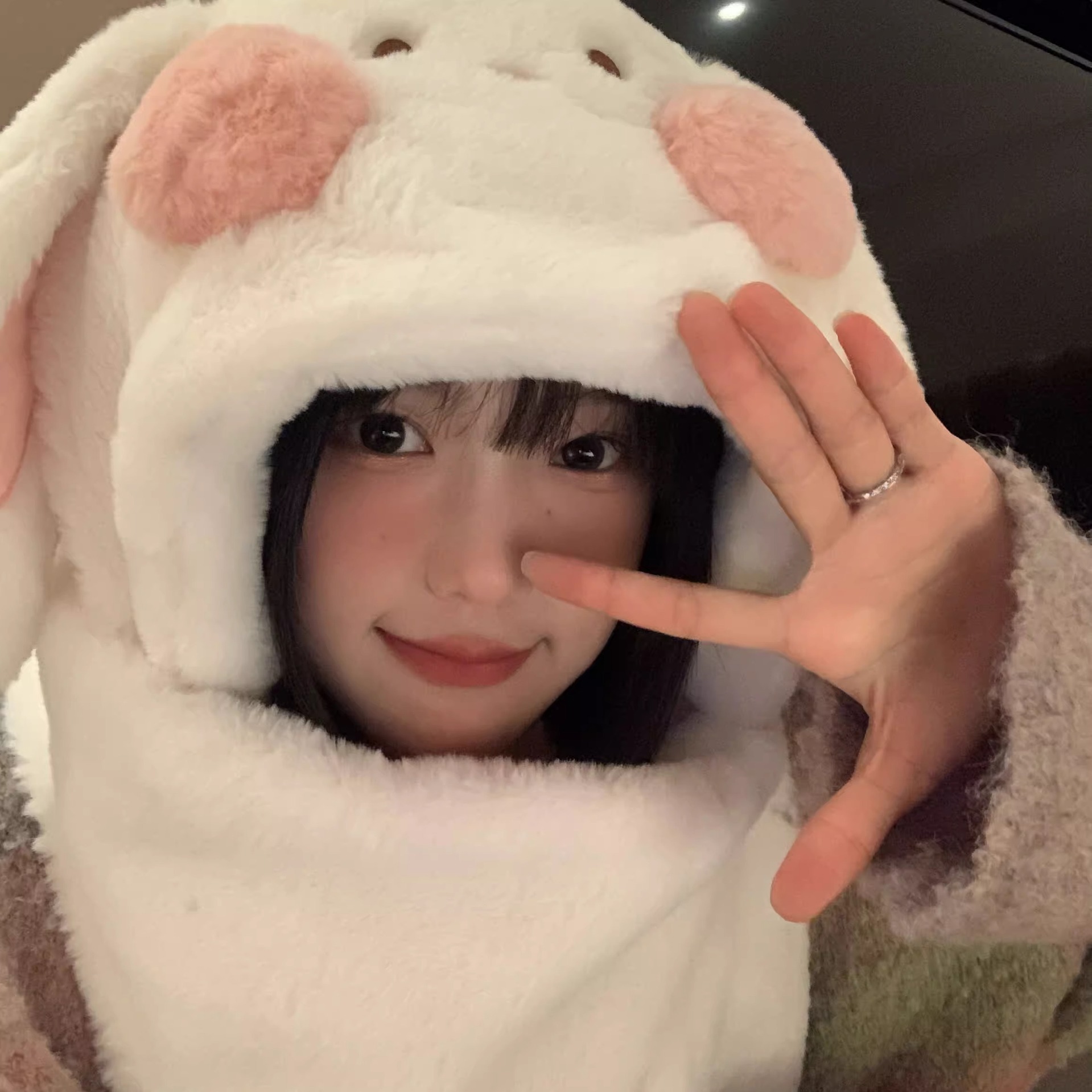 Winter plush hat scarf gloves one female rabbit autumn and winter three-piece cute thick scarf warm windproof