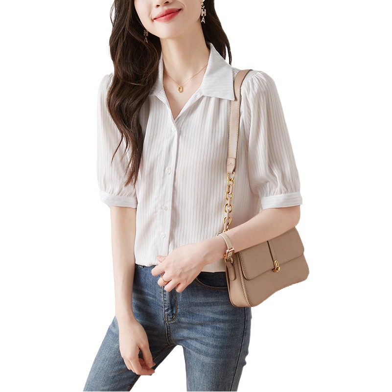 Picture of Half sleeve white shirt women's summer thin design V-neck shirt commuter shoulder short sleeve chiffon top
