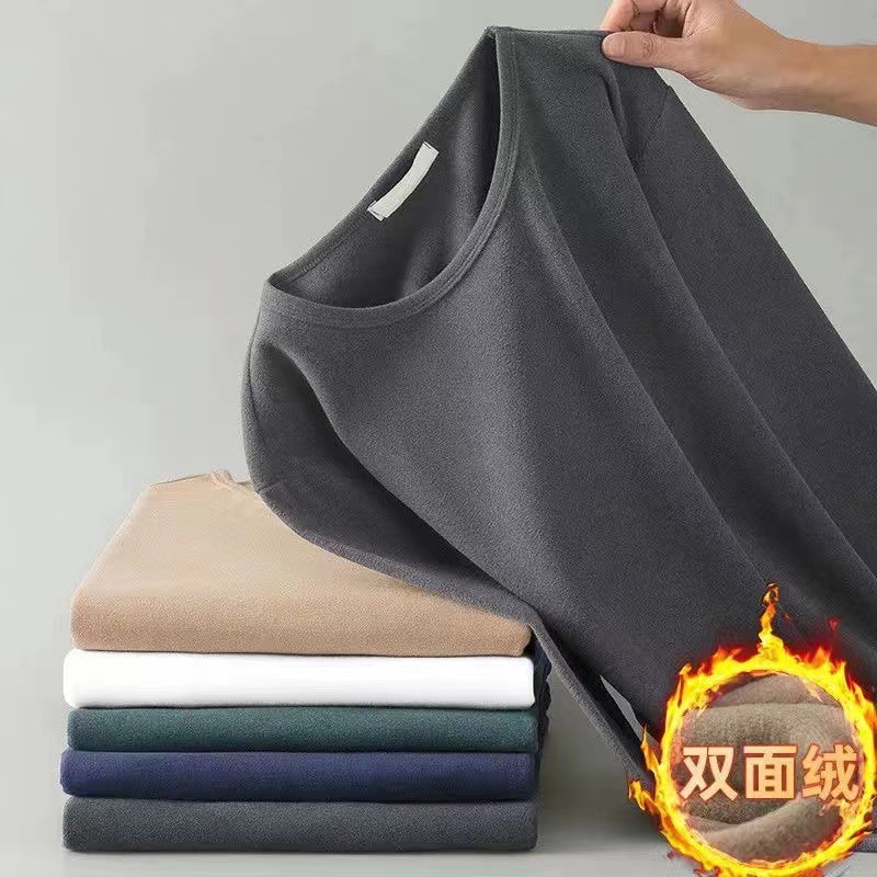 Double-sided velvet men's long-sleeved T-shirt autumn and winter new warm boys round neck sleeping clothes base shirt top T-shirt