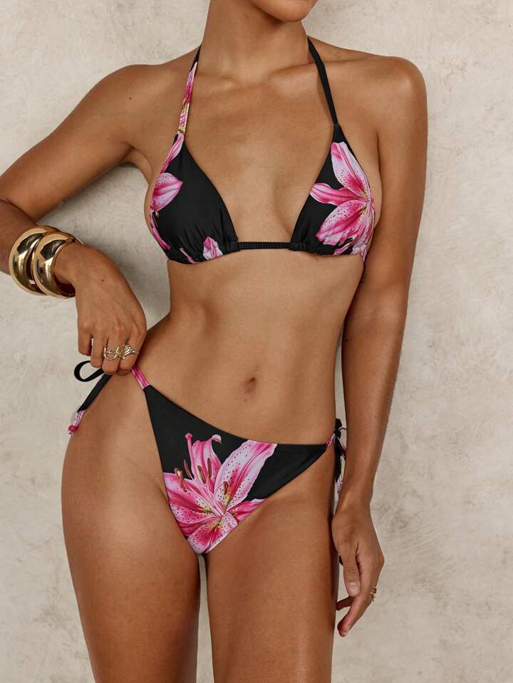 Picture of 2025bikini new cross-border European and American leopard print contrast triangle cup lace-up sexy bikini swimsuit