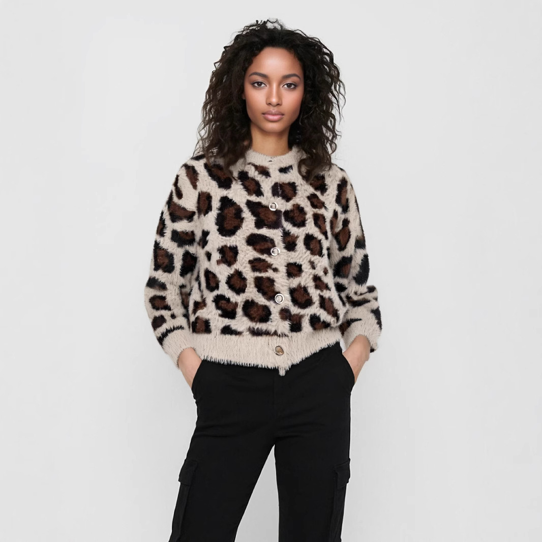 Cross-Border Winter European and American Style Women's Animal Print Jacquard Faux Fur Effect Knitted Round Neck Leopard Print Cardigan Jacket