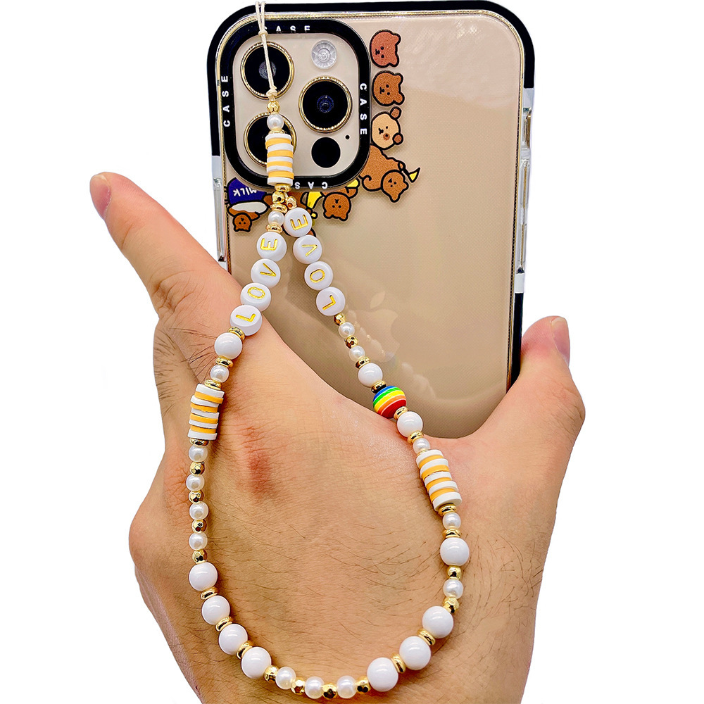 Picture of European and American Style Phone Chain Couple Letter Love Soft Clay Phone Strap Beaded Phone Lanyard Pendant for Women