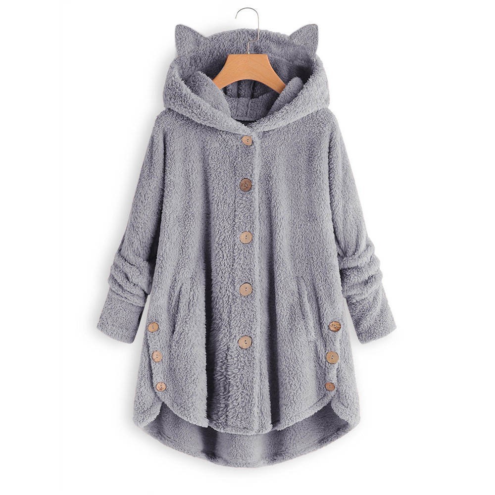 Cross-border coat American New Fashion Cat Ear Plush Button Irregular Coat Popular Women's Wear