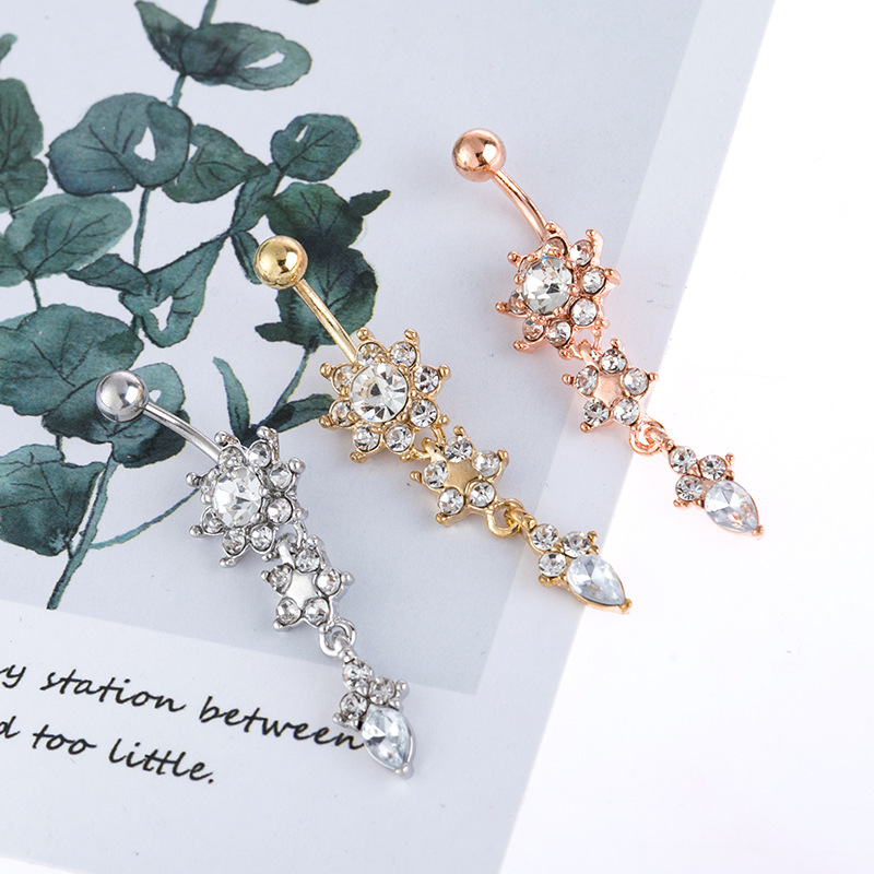 Picture of Body piercing jewelry stainless steel water drop belly button pendant diamond nailing flower belly button ring ebay hot sale
