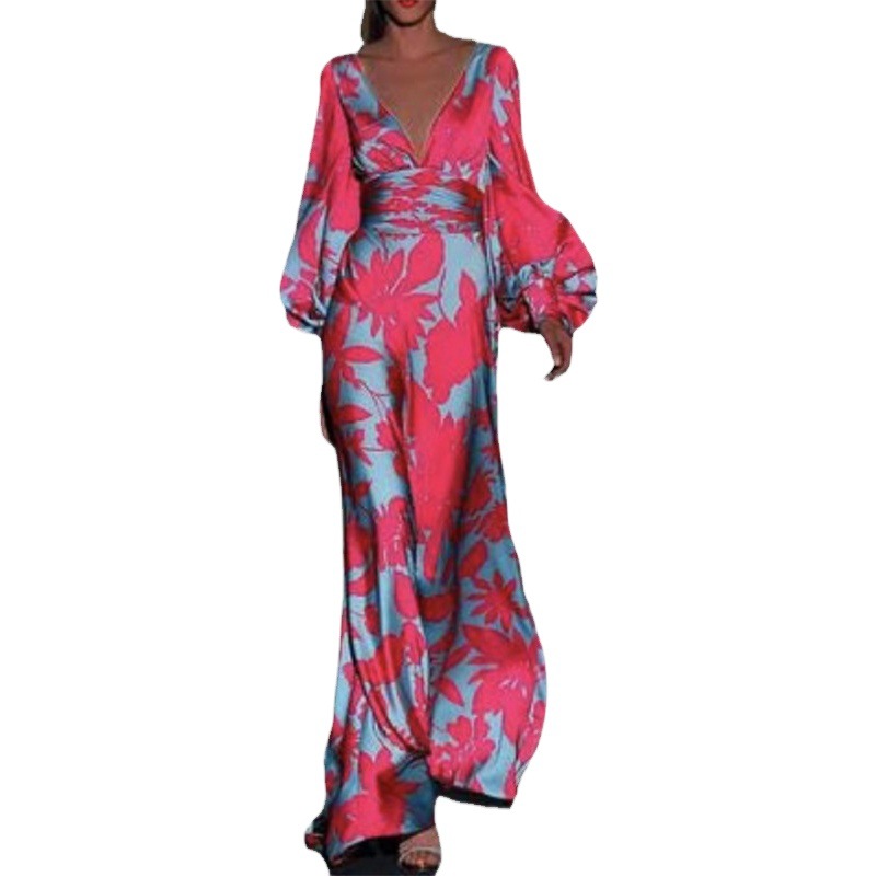 2025 New Cross-Border Amazon European and American Clothing Dress Slim Lantern Sleeve Fashion Printed V Neck Long Skirt