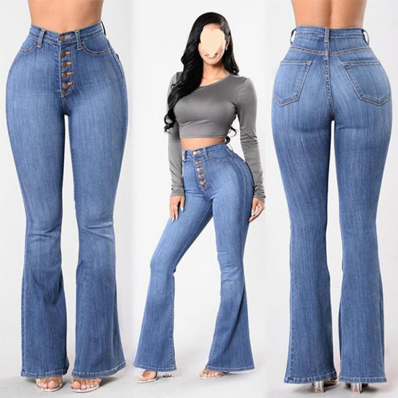 Hot Girl Slimming European and American Women's Jeans High Elastic High Waist Buttoned Micro-Flared Long Legs Big Butt Pants