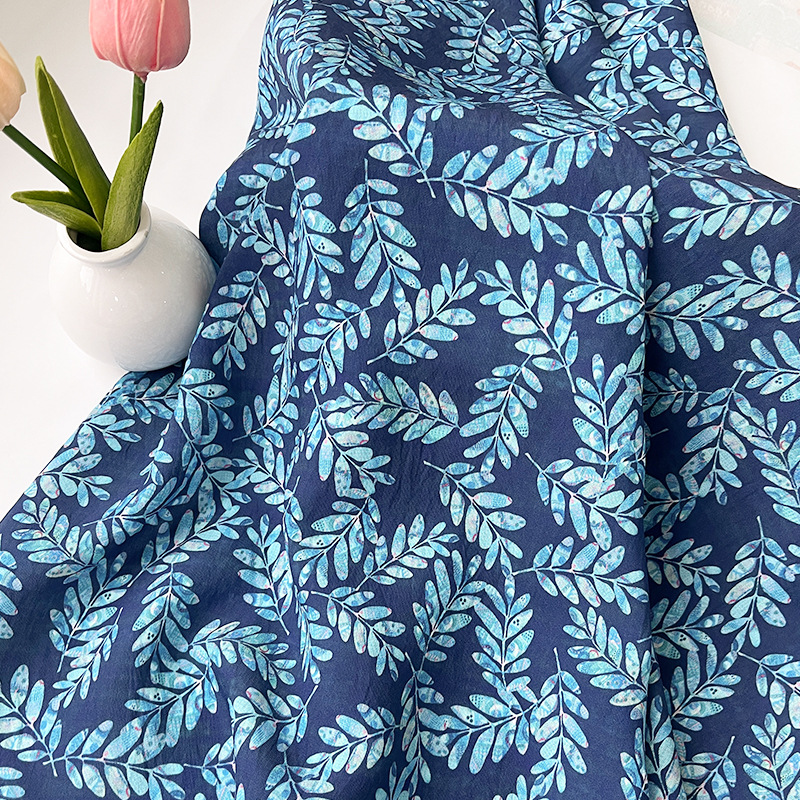 Blue Background Leaves New Chinese Style Digital Printed Fabric Brocade Cotton Fabric Cheongsam Dress Top Han Dynasty Fabric