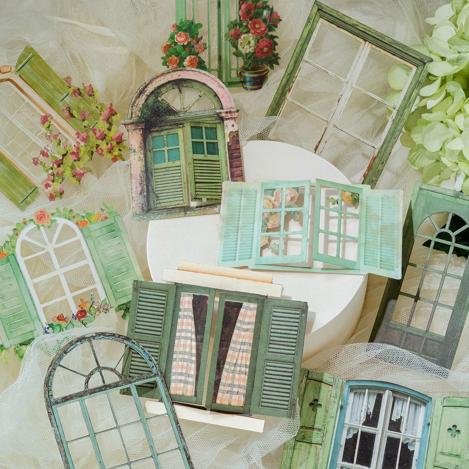 Picture of Momo Retro Cut Out Flower Window Mechanism Collage Card Stickers Dreamland in the Window Series Handbook Material Package 10 Sheets 6 Styles