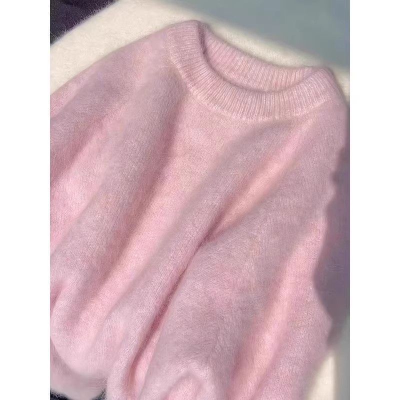 Picture of Pink milk mohair knitted pullover sweater girl autumn and winter art raw milk obedient lazy wind soft glutinous top autumn