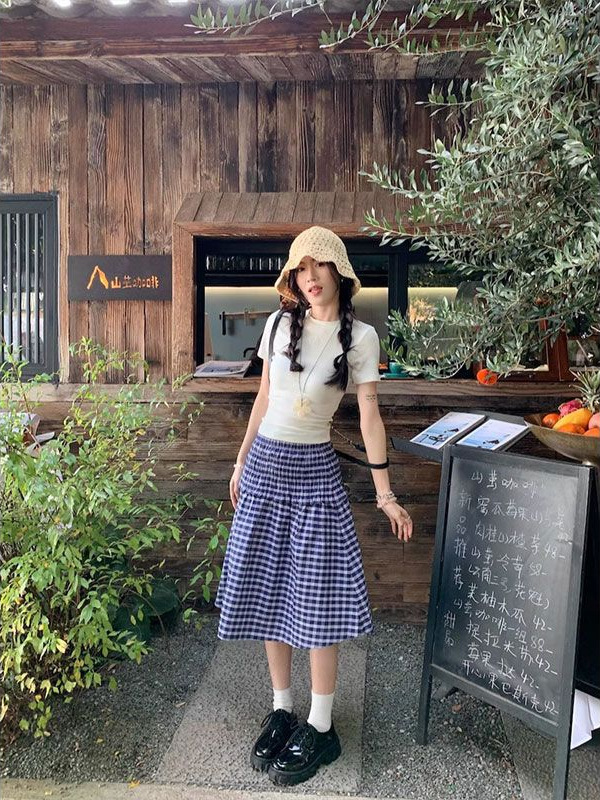 Blue Plaid Two-Wear Half-Length Skirt Ouruofeng Spring and Summer New French Retro High Waist A- Line All-Match Umbrella Skirt for Women