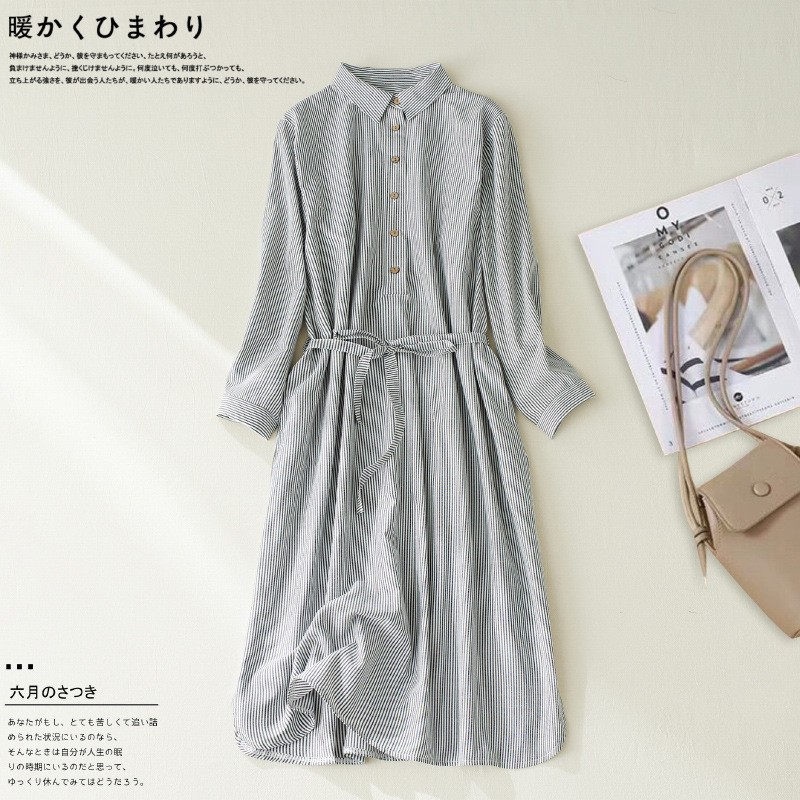 Picture of Real Shot 2022 Autumn Artistic Casual Loose A- Line Large Size Women's Wear Slimming Striped Over-the-knee Shirt Dress