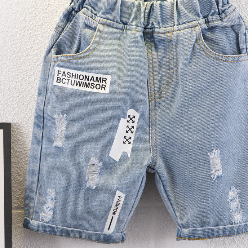 Picture of White printed denim shorts boys summer 2022 new children's pants summer big children