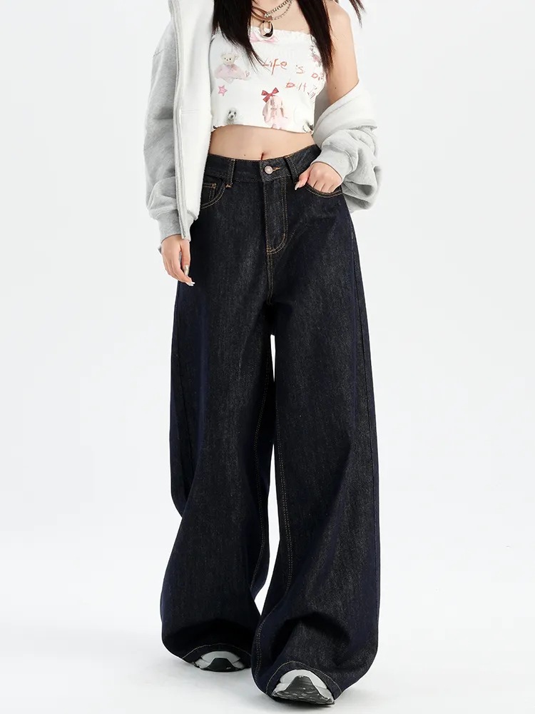Picture of American Style Retro dark blue Mop Jeans Women's Spring and Autumn High Waist Straight Wide Leg Pants Small Layhead Pants