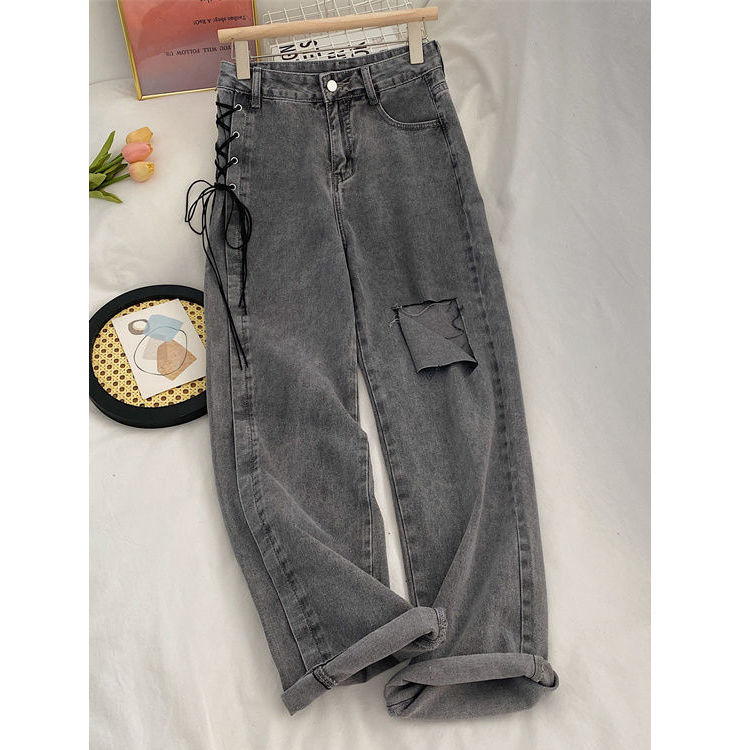 Ripped Jeans Women's 2022 Summer and Autumn High Waist Strap Design Sense Loose Straight Slimming Wide Leg Long Trendy Pants