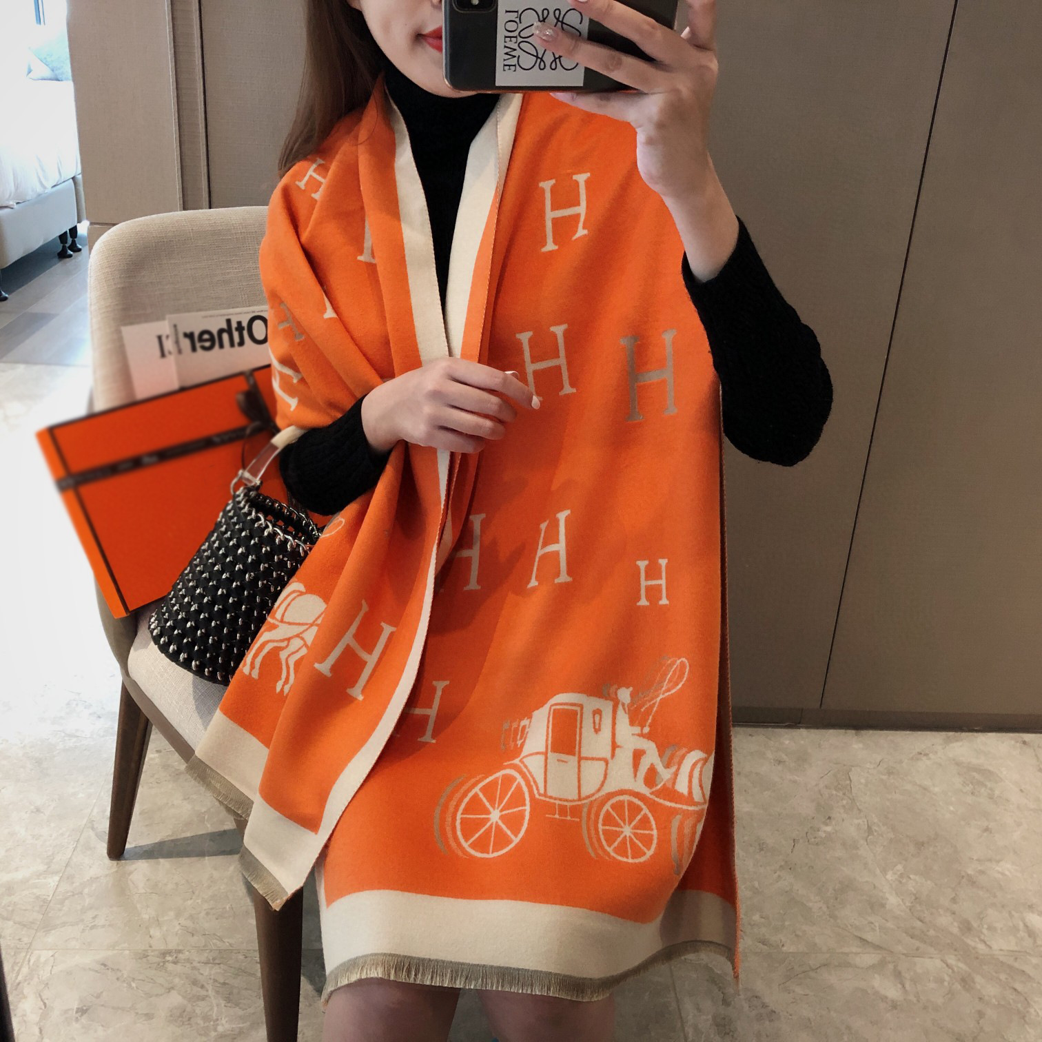 Picture of 2024 New Fashionable Big-Name Versatile Orange High-End Wool Cashmere Shawl Scarf for Women Winter Dual Use
