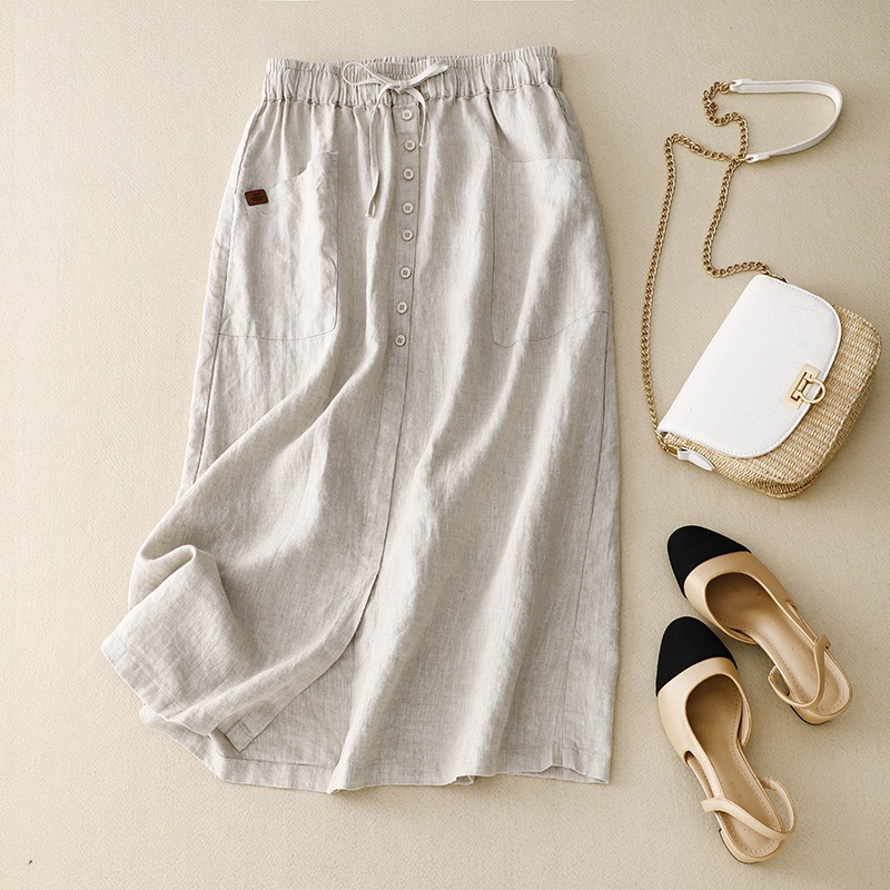 Real shot 2025 spring new skirt A version slimming artistic cotton and linen mid-length high-end versatile skirt for women
