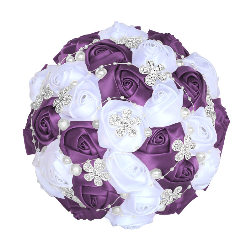 Picture of European and American Super Beautiful Ribbon Flower Wedding Supplies Bride's Hand-held Flower Five-flower Beaded Hand-held Flower Wedding Supplies Hand-held Flower