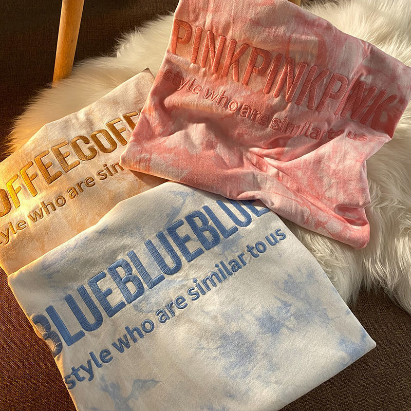 Cotton Tie-Dye Internet Celebrity Short Sleeve T-Shirt Women Embroidered Letters New Loose Top Student Base Shirt Women's Wholesale