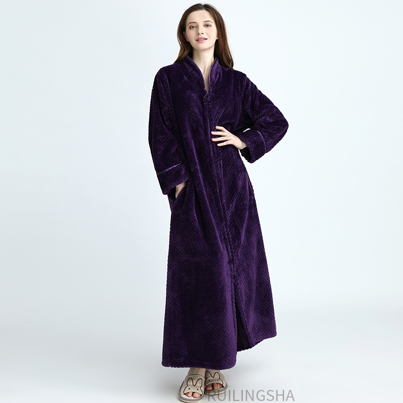 Picture of Couple Autumn and Winter Thickeneded Warm Flannel Nightgown Women's Long Men's Large Size Coral Velvet Bathrobe Zipper Pajama Dress
