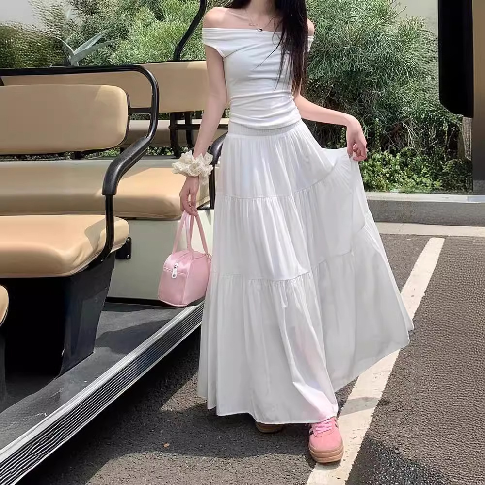 Expendable Long Dress Sunscreen Dress 95cm Women's plus size Cake White Skirt Large Swing Skirt Pleated Skirt