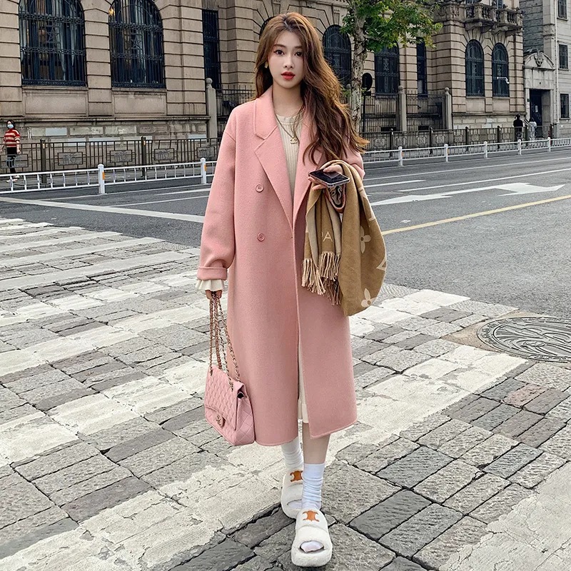 Pink double-sided cashmere coat for women 2023 autumn and winter New Korean style loose mid-length Hepburn style woolen coat