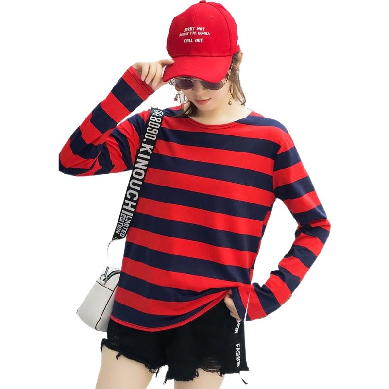 2021 New Cross-border Loose Rainbow Stripe Long-sleeved T-shirt Women's Hyun-tailed Style Student Short Round Neck Top ins Trendy