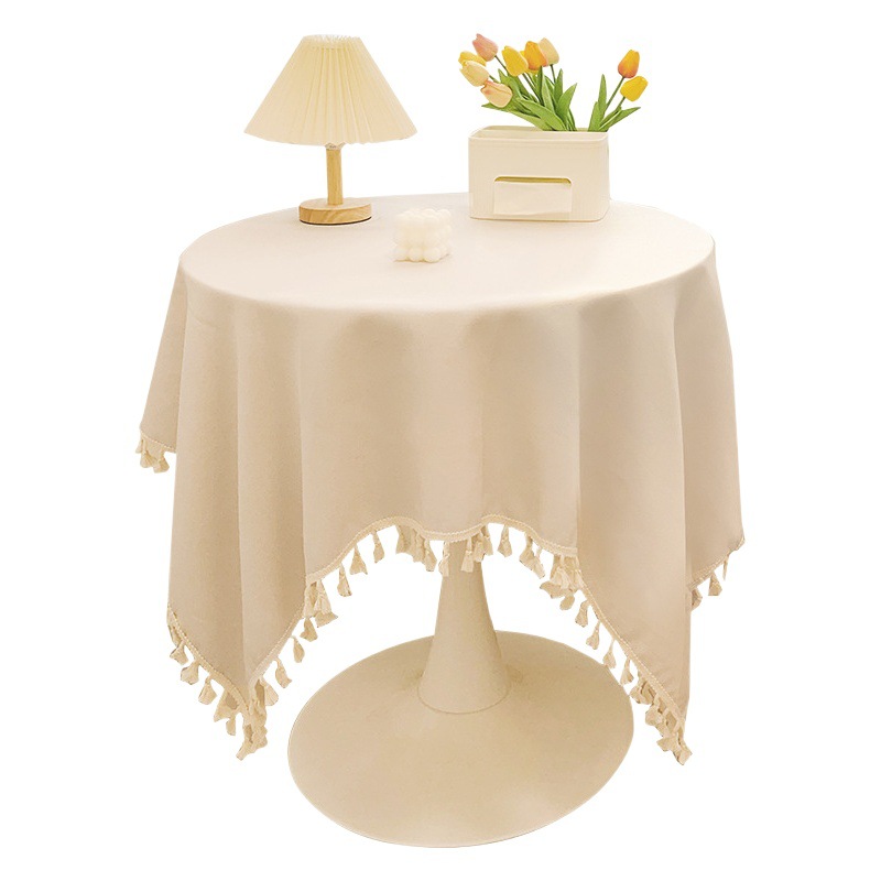 Solid Color Tassel Cotton and Linen Tablecloth Instagram Style Atmosphere Retro Light Luxury Round Table Desk Decoration Coffee Table Dining Table Tablecloth